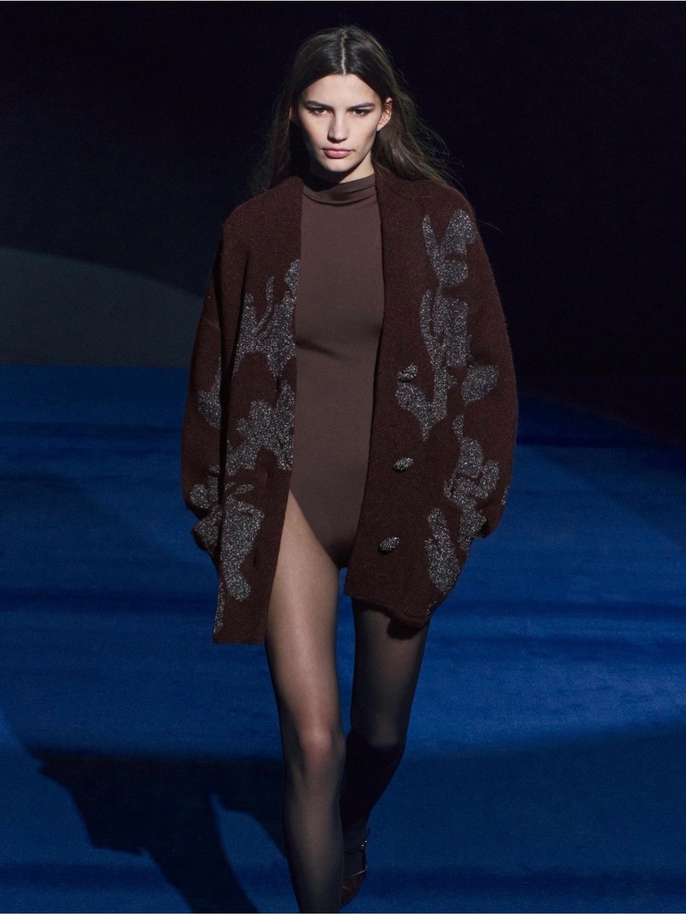 Zara Burgundy Oversized Knit Blazer with Metallic Floral Motif